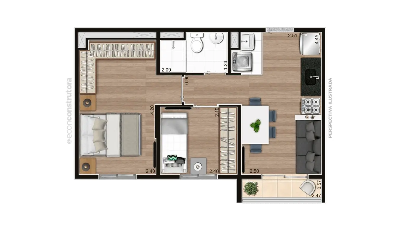Planta Tipo D Meio 38,74 m² Final 04 - 1 Pav.
