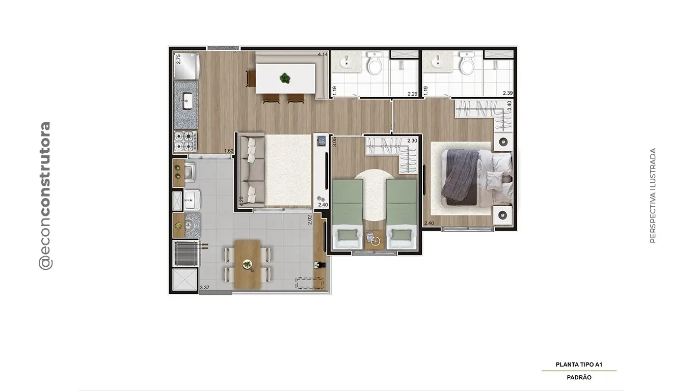Planta tipo meio 54,43m² Final 12 18 TA Final 02 06
