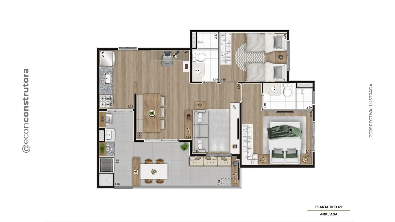 Planta tipo ponta ampliado 66,39m² Final 15