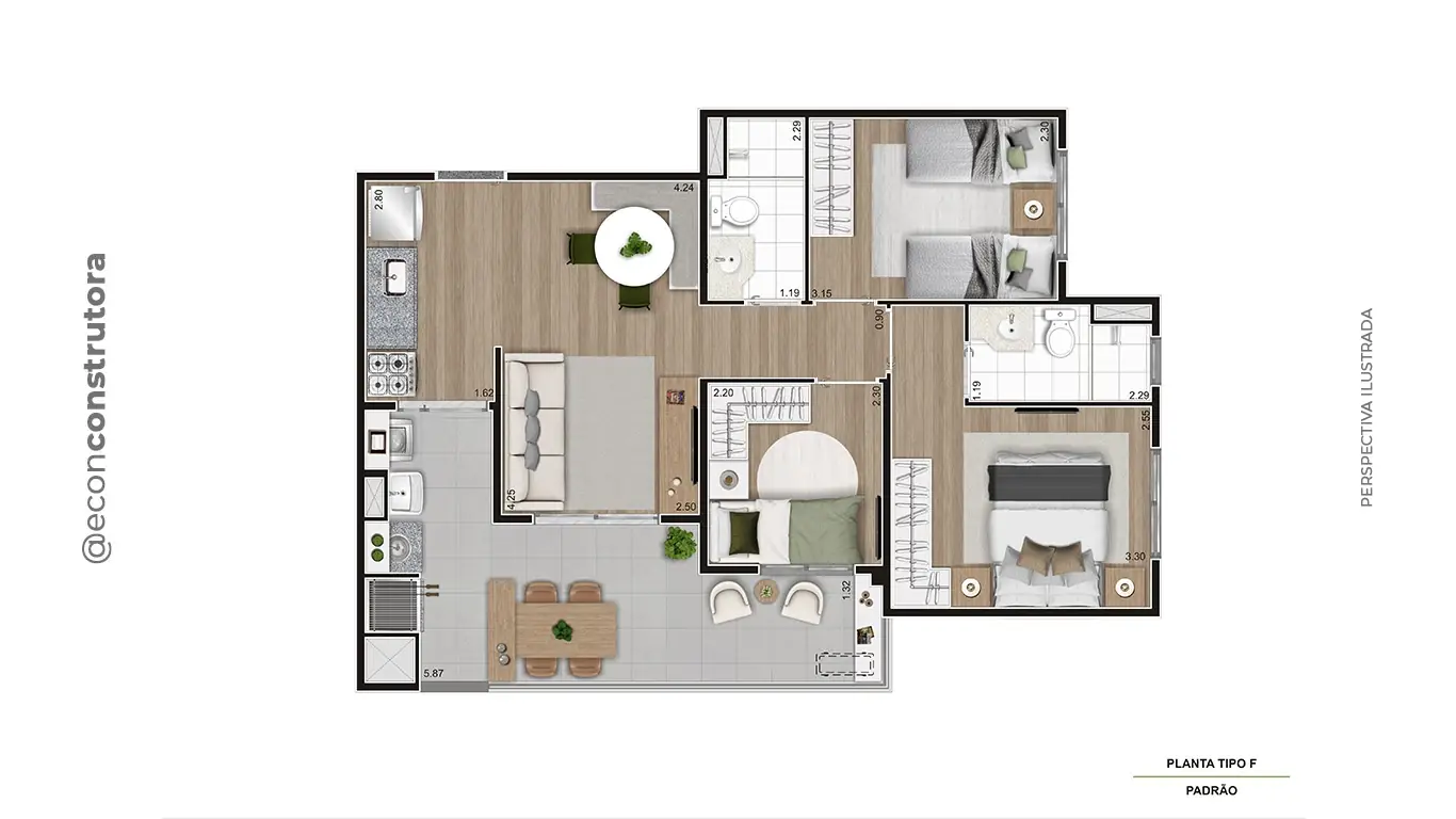 Planta tipo ponta 66,31m² Final 08 TA Final 10
