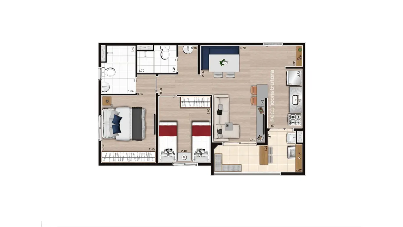 Planta Tipo A Ponta Final 1 e 8 55,33m²