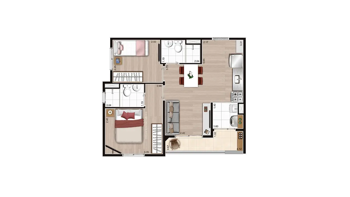 Planta Tipo C - Ponta - 45m²