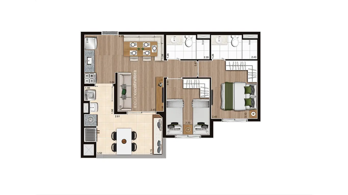 Planta Tipo B Meio Final 03 e 06 56,33m²