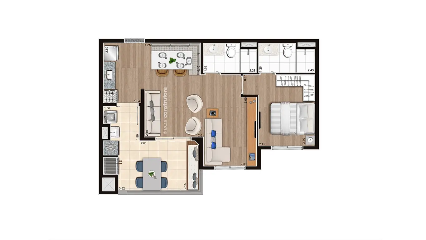 Planta Tipo B Meio Ampliada Final 03 e 06 56,33m²