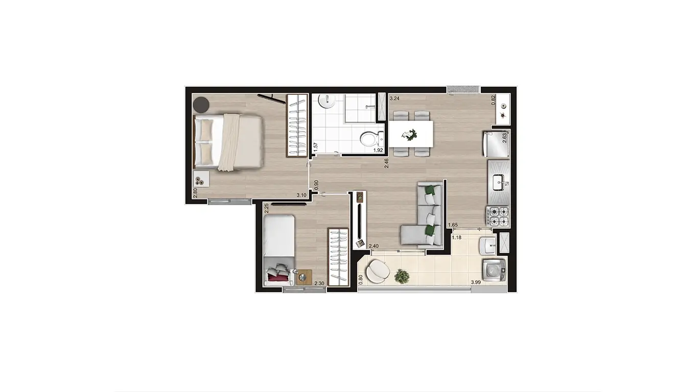 PLANTA TIPO B - MEIO - 43,44m²