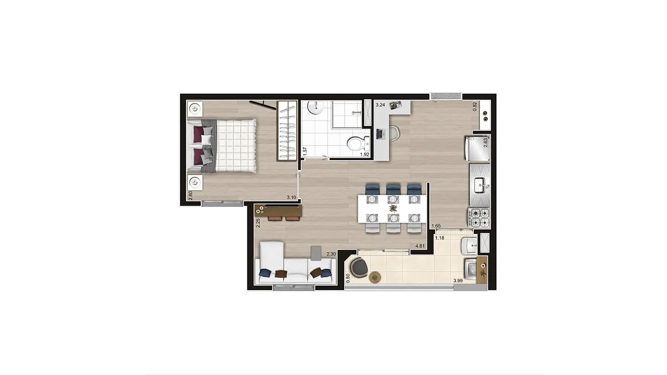 PLANTA TIPO B - MEIO AMPLIADA - 43,44m²