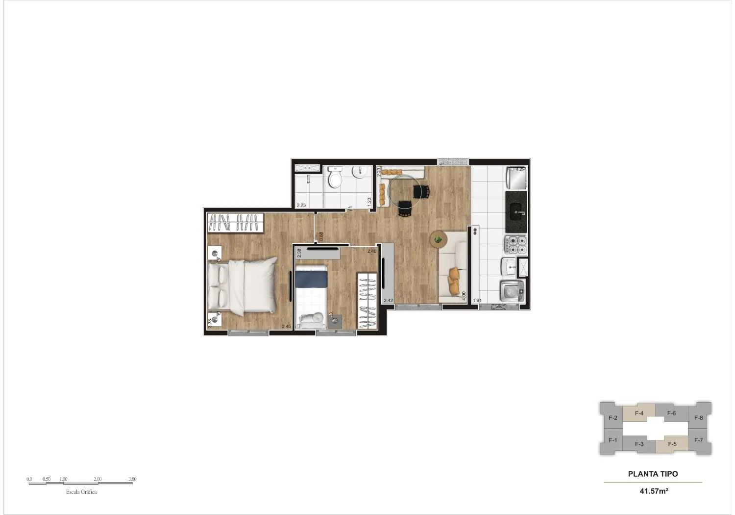 Planta tipo 2 Dormitórios – 41,57 m²