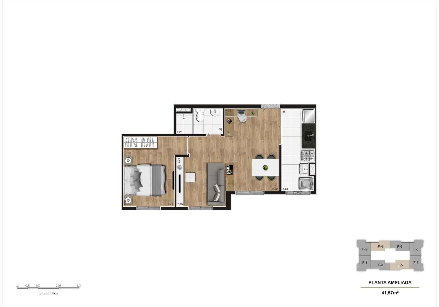 Planta tipo 2 Dormitórios – 41,48 m²