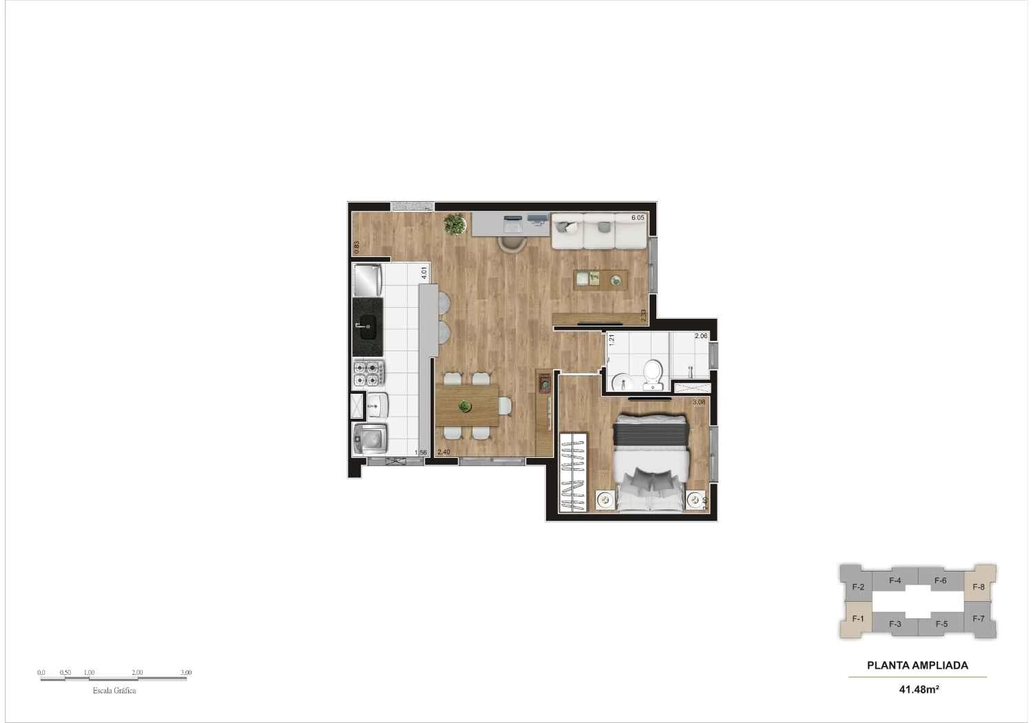 Planta opção sala ampliada – 41,48 m²
