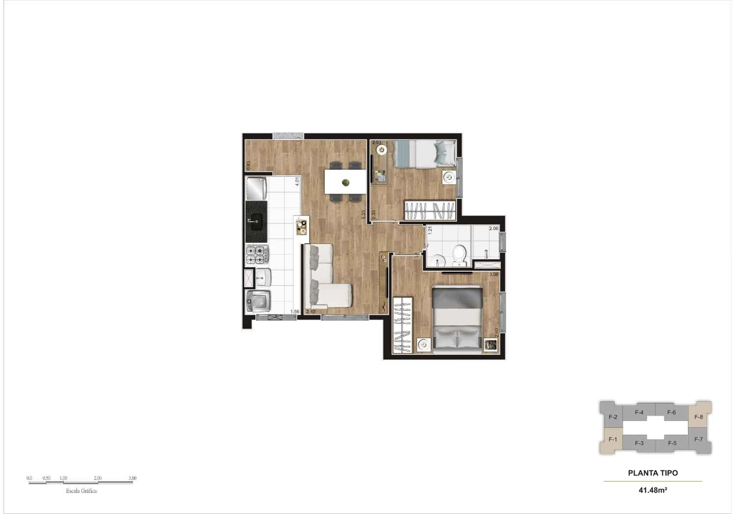 Planta tipo 2 Dormitórios – 41, 48 m²