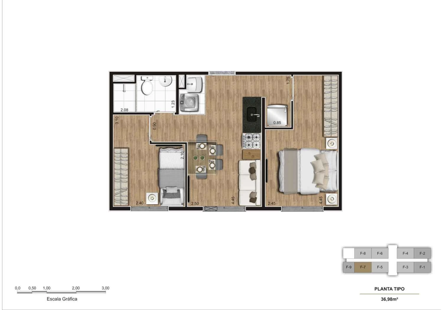 Planta tipo 2 Dormitórios – 36 m²