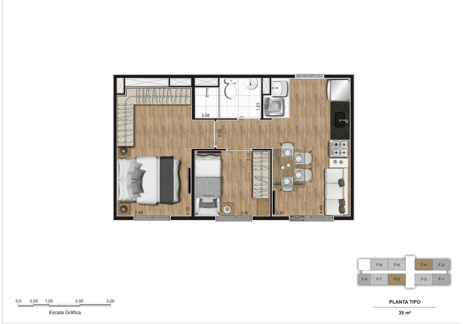 Planta tipo 2 Dormitórios – 35 m²