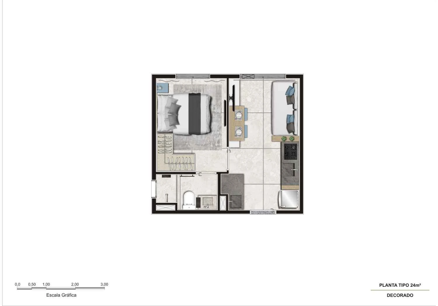 Planta tipo 1 Dormitório – 24,41 m²