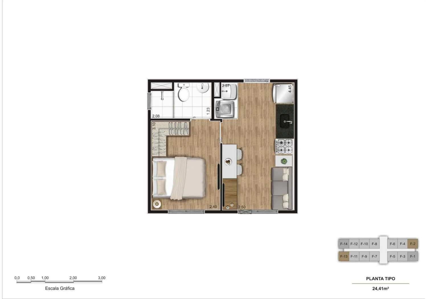 Planta tipo com sugestão de decoração 1 Dormitório – 24,41 m²