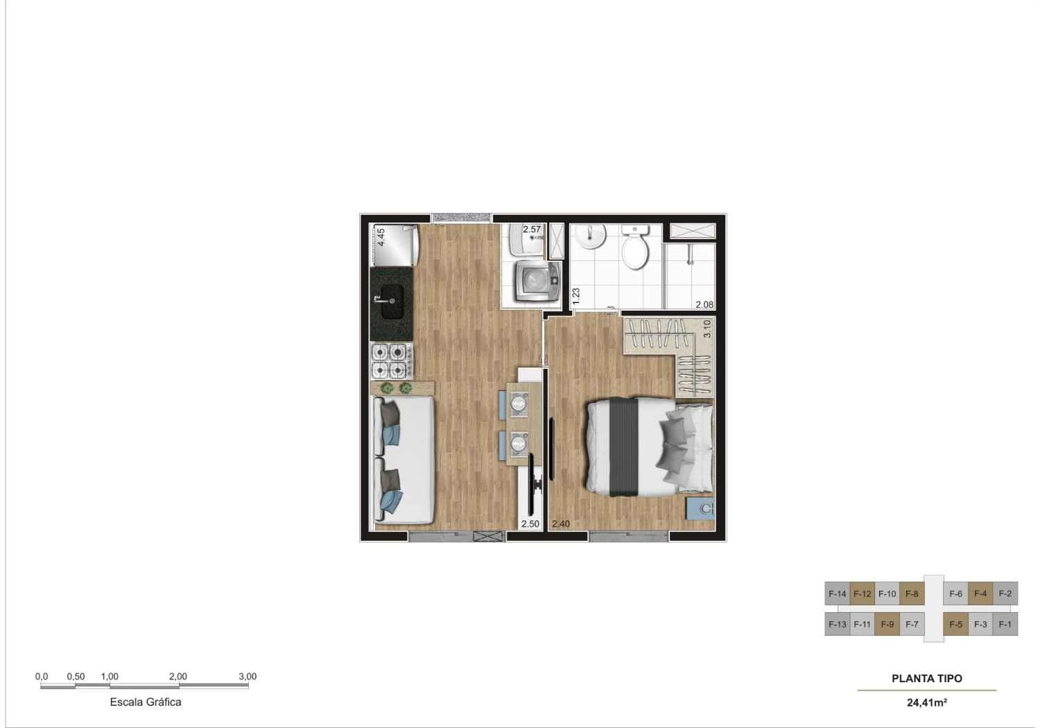 Planta tipo 1 Dormitório – 24,41 m²