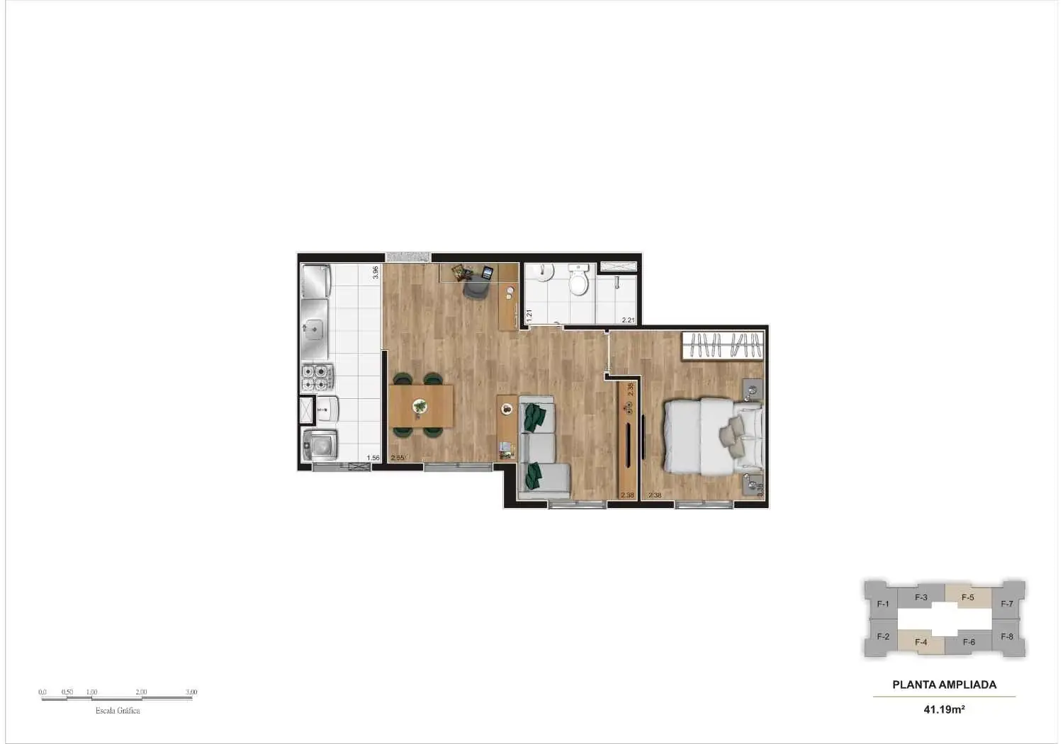 Planta Opção Living Ampliado de 41,19 m² - finais 4 e 5 - Torre A e B