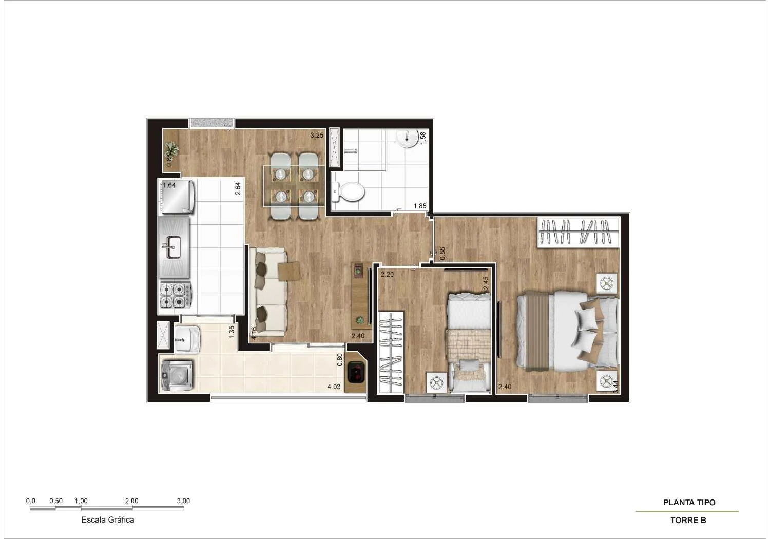 Planta tipo de 44,60 m² – Meio - final 4 - Torre B