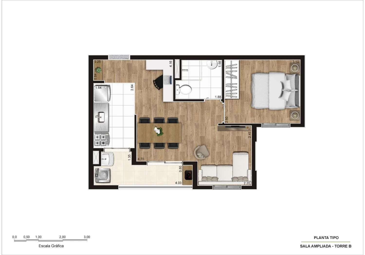 Planta Opção Living Ampliado de 44,60 m² –Meio - final 4 - Torre B