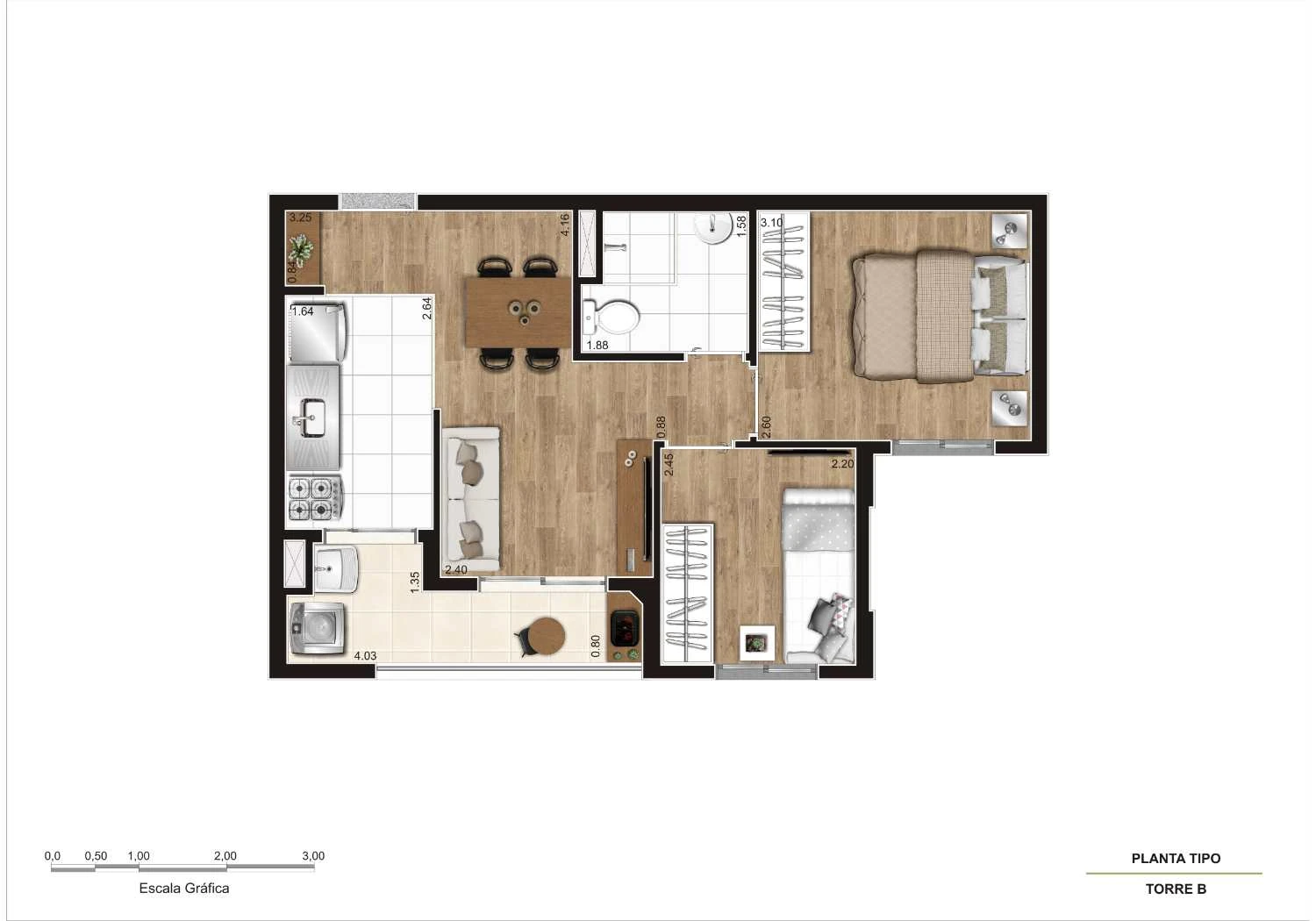 Planta tipo de 42,72m2 – Meio - final 6 - Torre B
