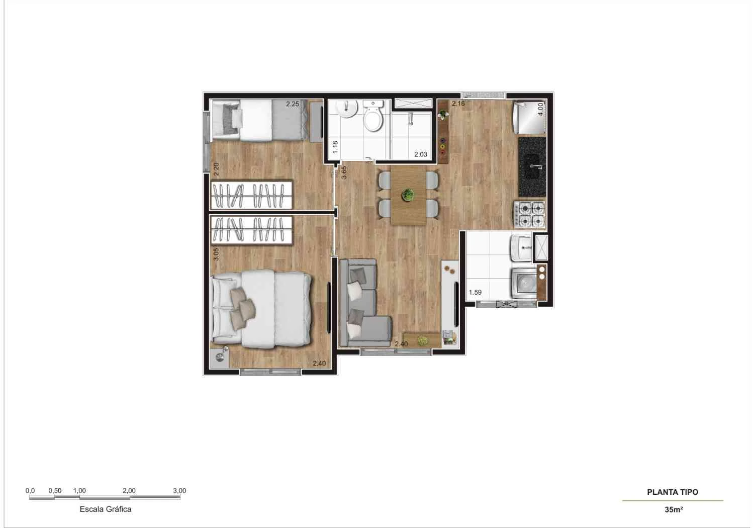 Planta 2 Dormitórios 35 m² 