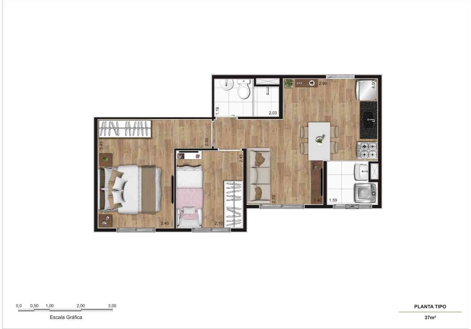 Planta Tipo 2 Dormitórios 37 m²