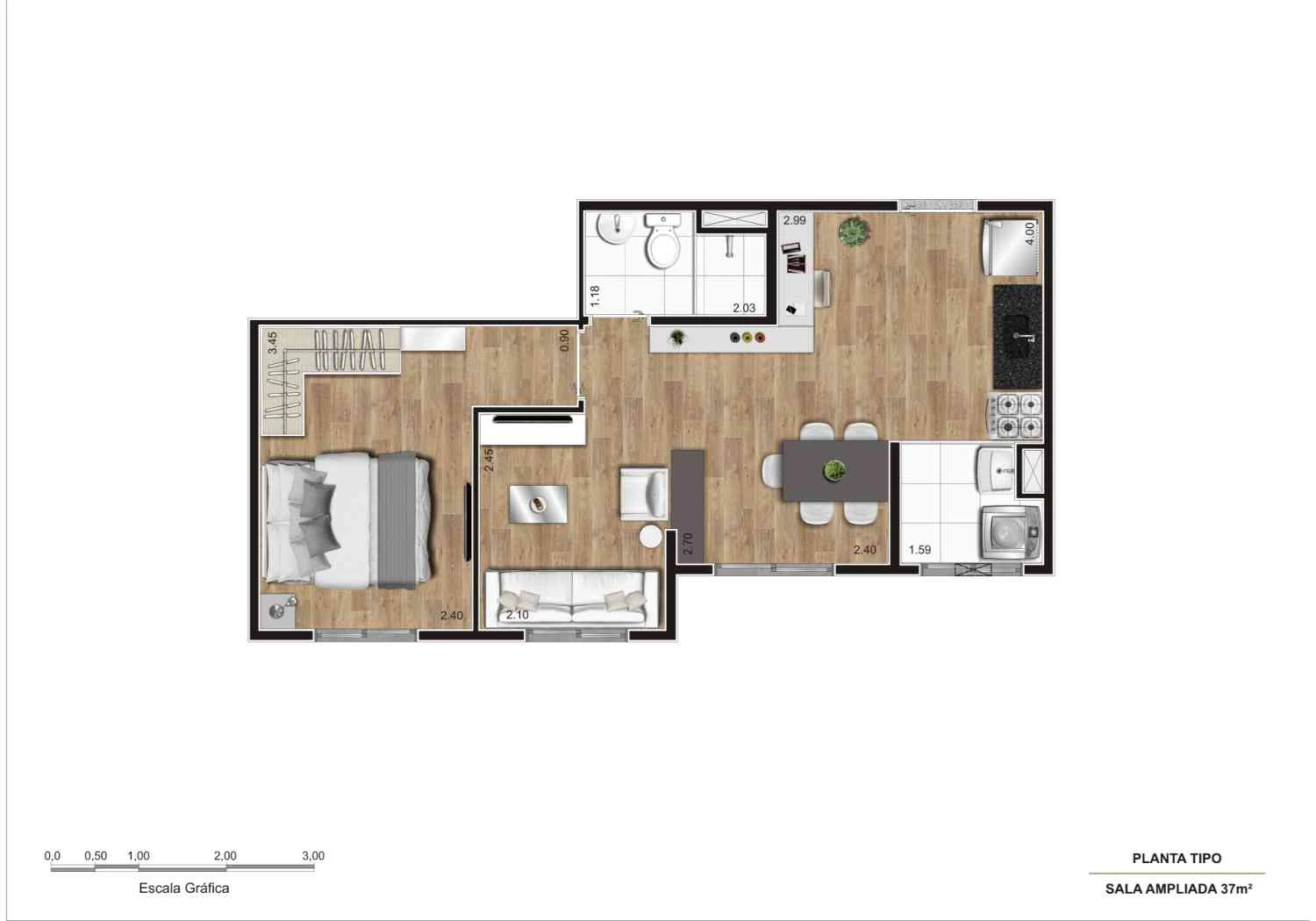 Planta opção sala ampliada -1 Dormitório 35 m² 