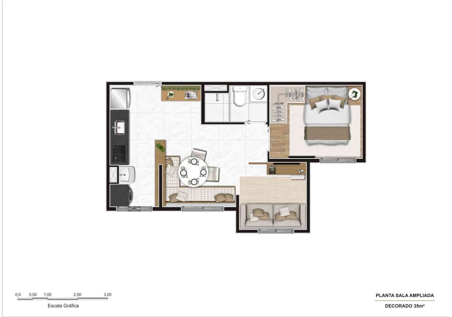 Planta tipo com sugestão de decoração - 2 Dormitórios 35 m²