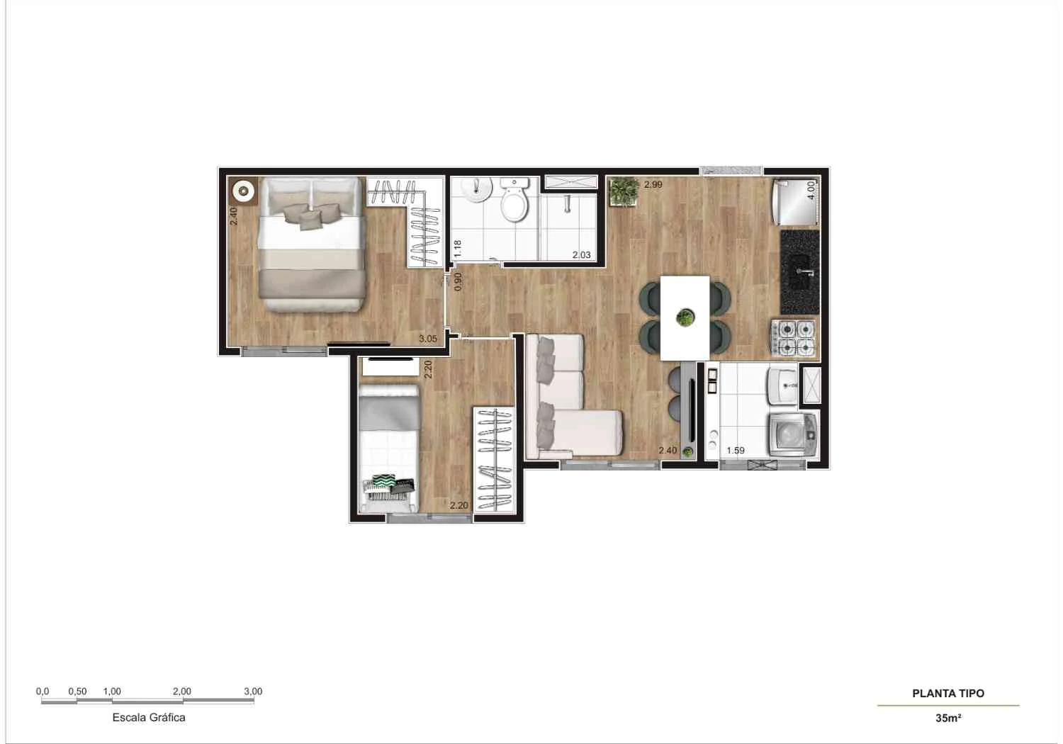 Planta tipo 2 Dormitórios 35 m²