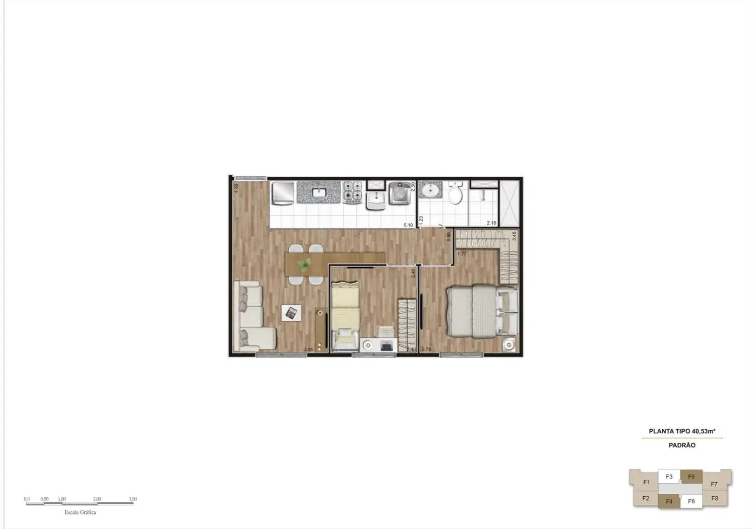 Planta ilustrada do apartamento Tipo: 2 dormitórios - Final 04 e 05, torre A e B, 40,53m2. As medidas estão em metros, são internas e de face a face das paredes, podendo sofrer alterações em função do desenvolvimento do projeto executivo. Os móveis não fazem parte integrante do imóvel e não fazem parte do Compromisso de Compra e Venda. Consulte Memorial Descritivo do empreendimento. Imagem preliminar com sugestão de decoração.