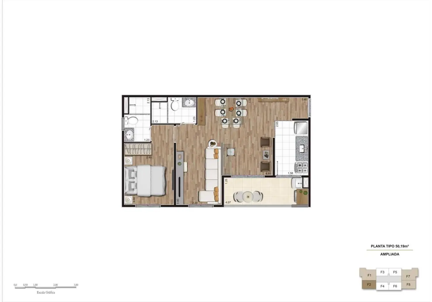 Planta ilustrada do apartamento living ampliado: 1 dormitório - Final 02, torre A e B, 50,19m2. As medidas estão em metros, são internas e de face a face das paredes, podendo sofrer alterações em função do desenvolvimento do projeto executivo. Os móveis não fazem parte integrante do imóvel e não fazem parte do Compromisso de Compra e Venda. Consulte Memorial Descritivo do empreendimento. Imagem preliminar com sugestão de decoração.