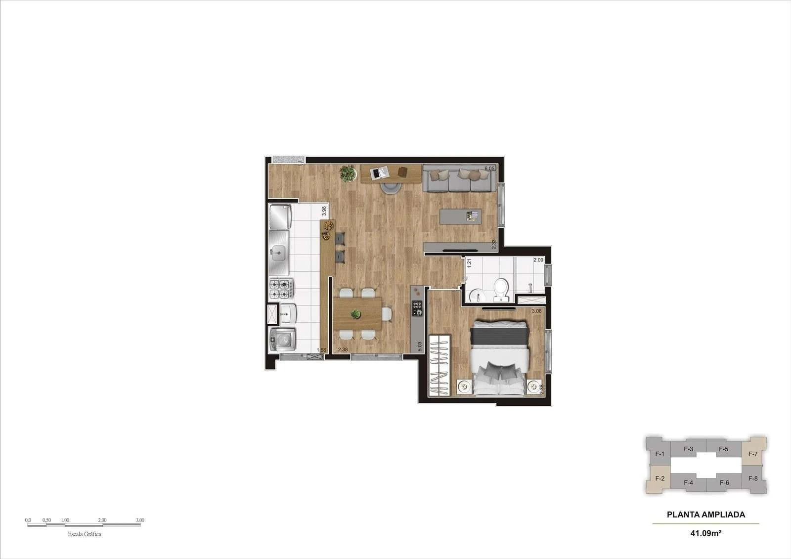 Planta Tipo de 41,09 m² - finais 02 e 07 - Torre A e B