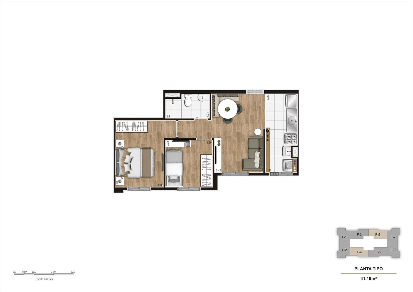 Planta tipo de 41,19 m² - finais 3 e 6 - Torre A e B