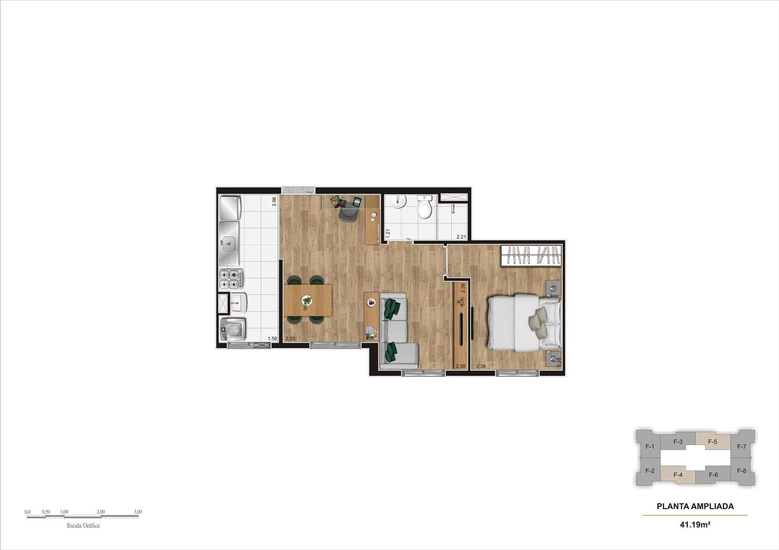 Planta Opção Living Ampliado de 41,19 m² - finais 4 e 5 - Torre A e B