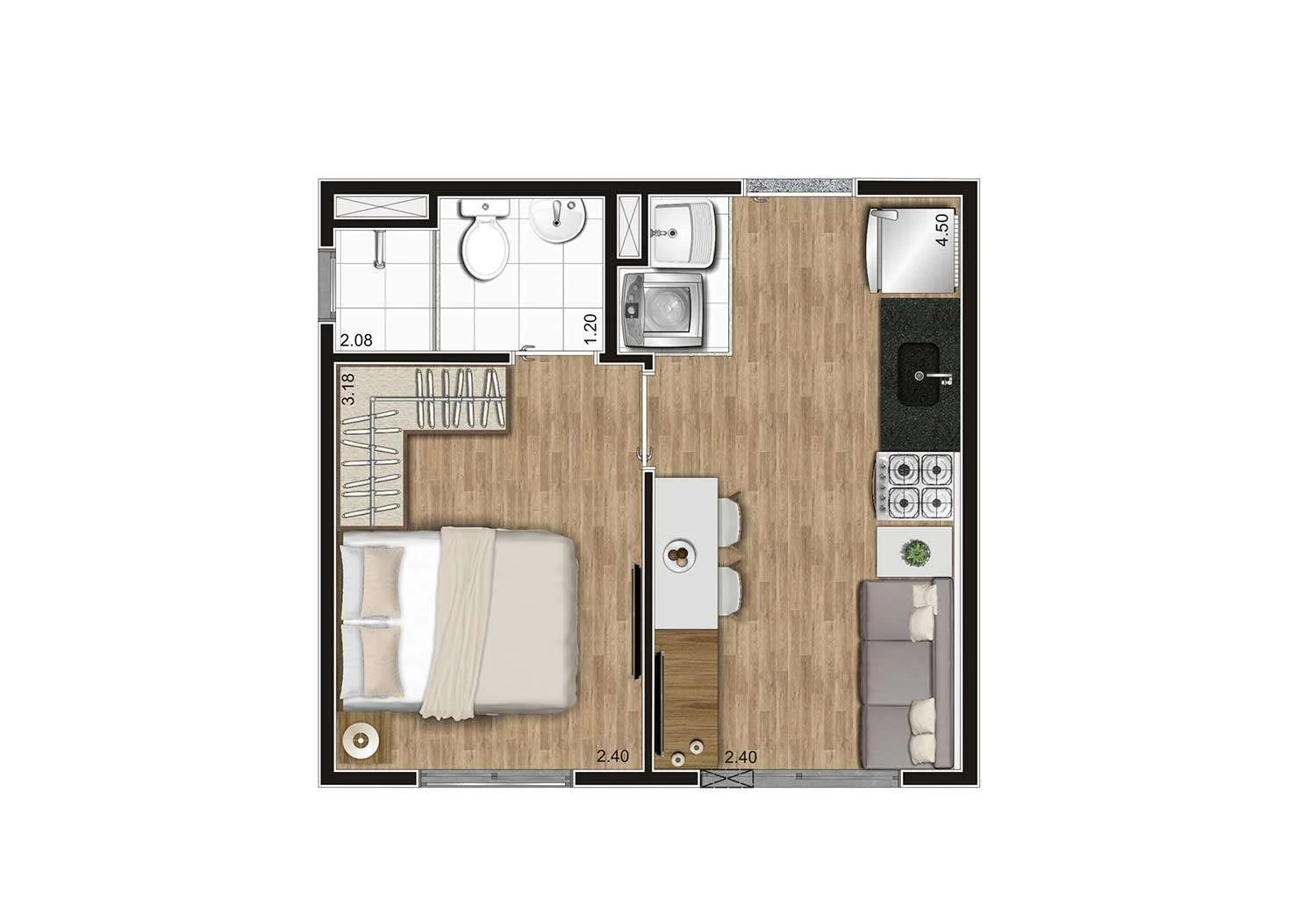 PERSPECTIVA ILUSTRADA DA PLANTA DE 1 DORM. DE 24m²
