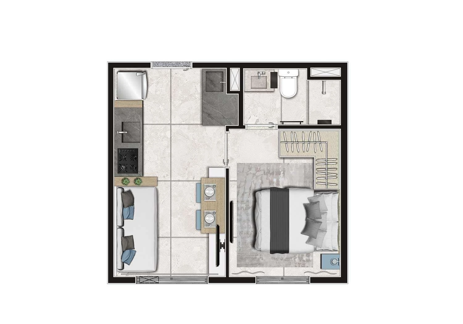 PERSPECTIVA ILUSTRADA DA PLANTA DE 1 DORM. DE 24m²