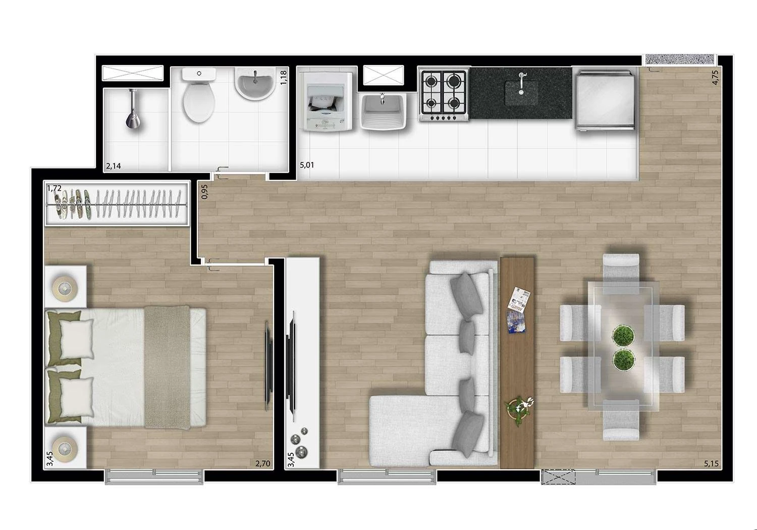 PERSPECTIVA ILUSTRADA DA PLANTA TIPO MEIO 1 DORM.