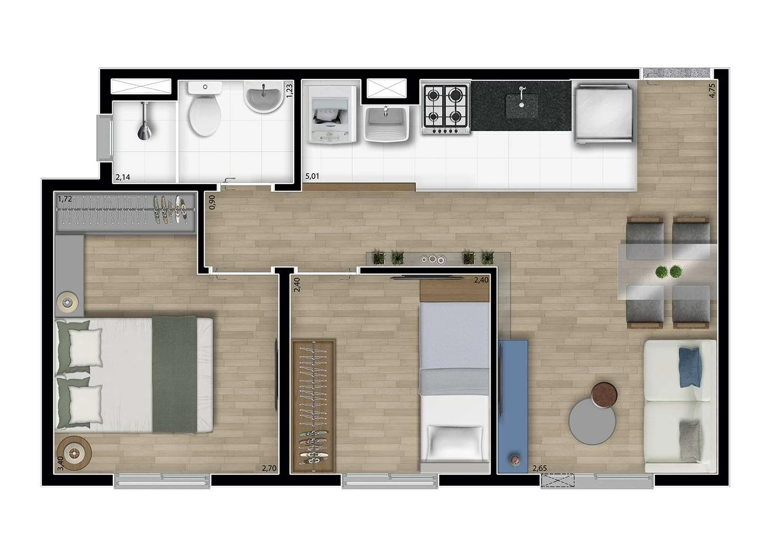 PERSPECTIVA ILUSTRADA DA PLANTA TIPO PONTA DECORADO 2 DORMS.