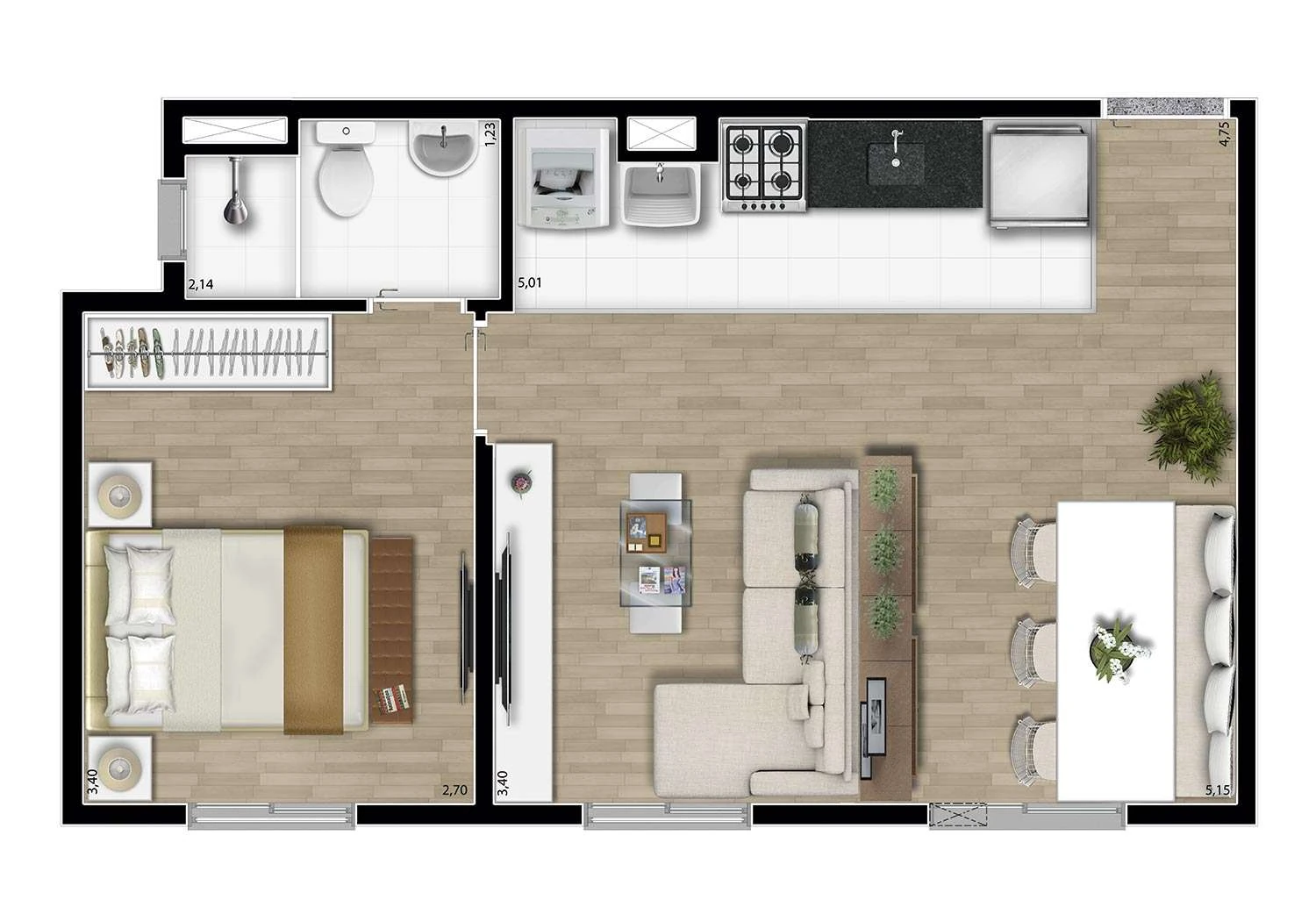 PERSPECTIVA ILUSTRADA DA PLANTA OPÇÃO SUÍTE 1 DORM.