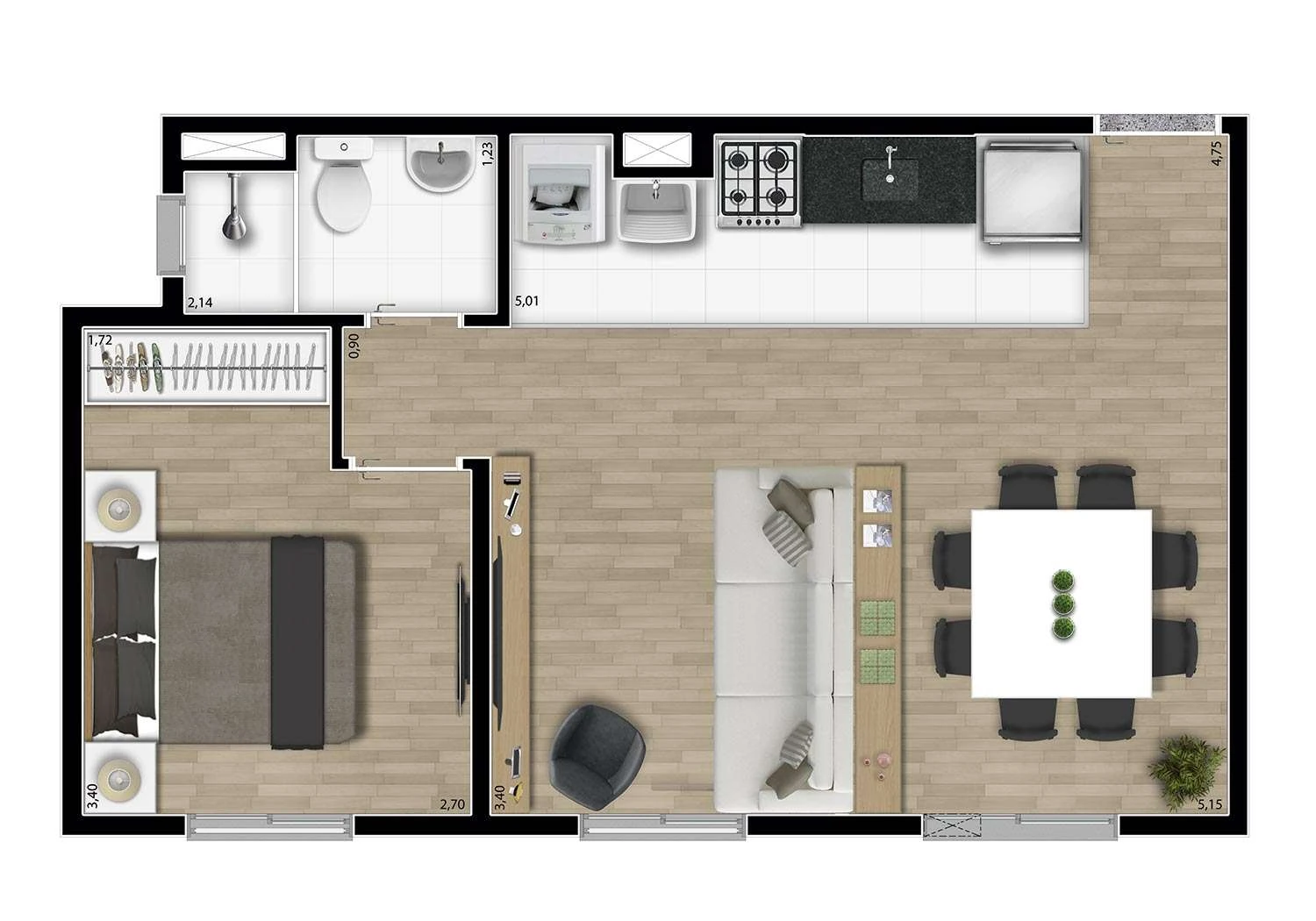 PERSPECTIVA ILUSTRADA DA PLANTA PONTA AMPLIADA 1 DORM.