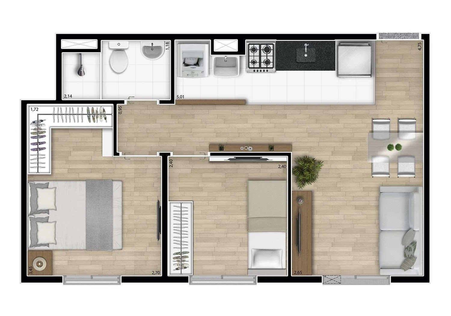 PERSPECTIVA ILUSTRADA DA PLANTA TIPO MEIO 2 DORMS.