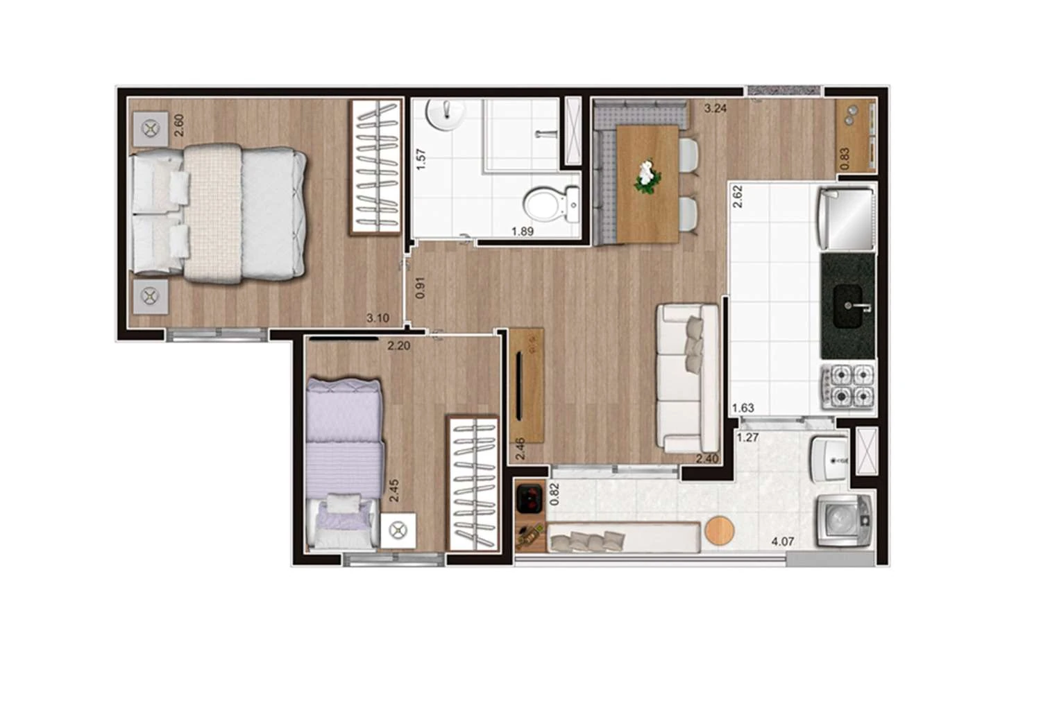 Planta ilustrativa Tipo de 41,68m2 final 3 e 6 - torres A e B
