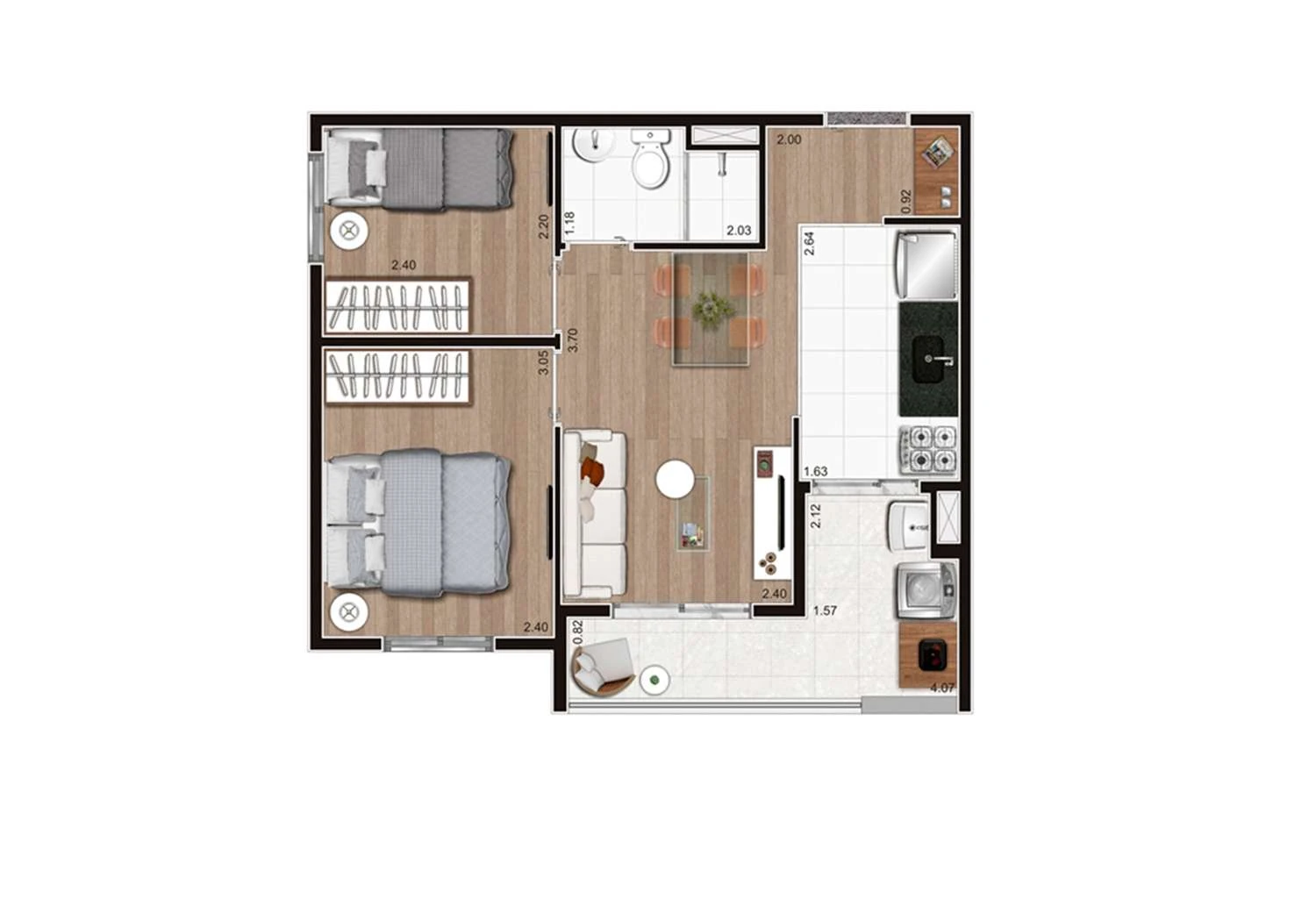 Planta ilustrativa Tipo de 41,68m2 final 3 e 6 - torres A e B