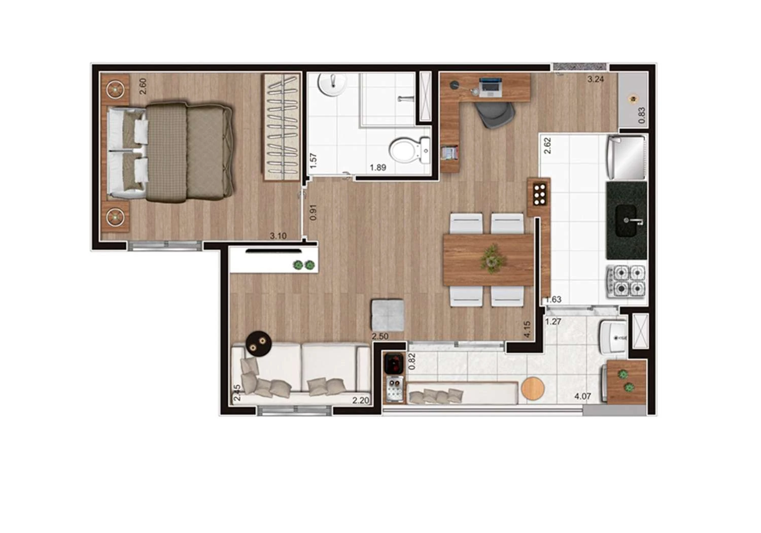 Planta ilustrativa Opção de 41,68m2 Ampliada - final 3 e 6 - torres A e B