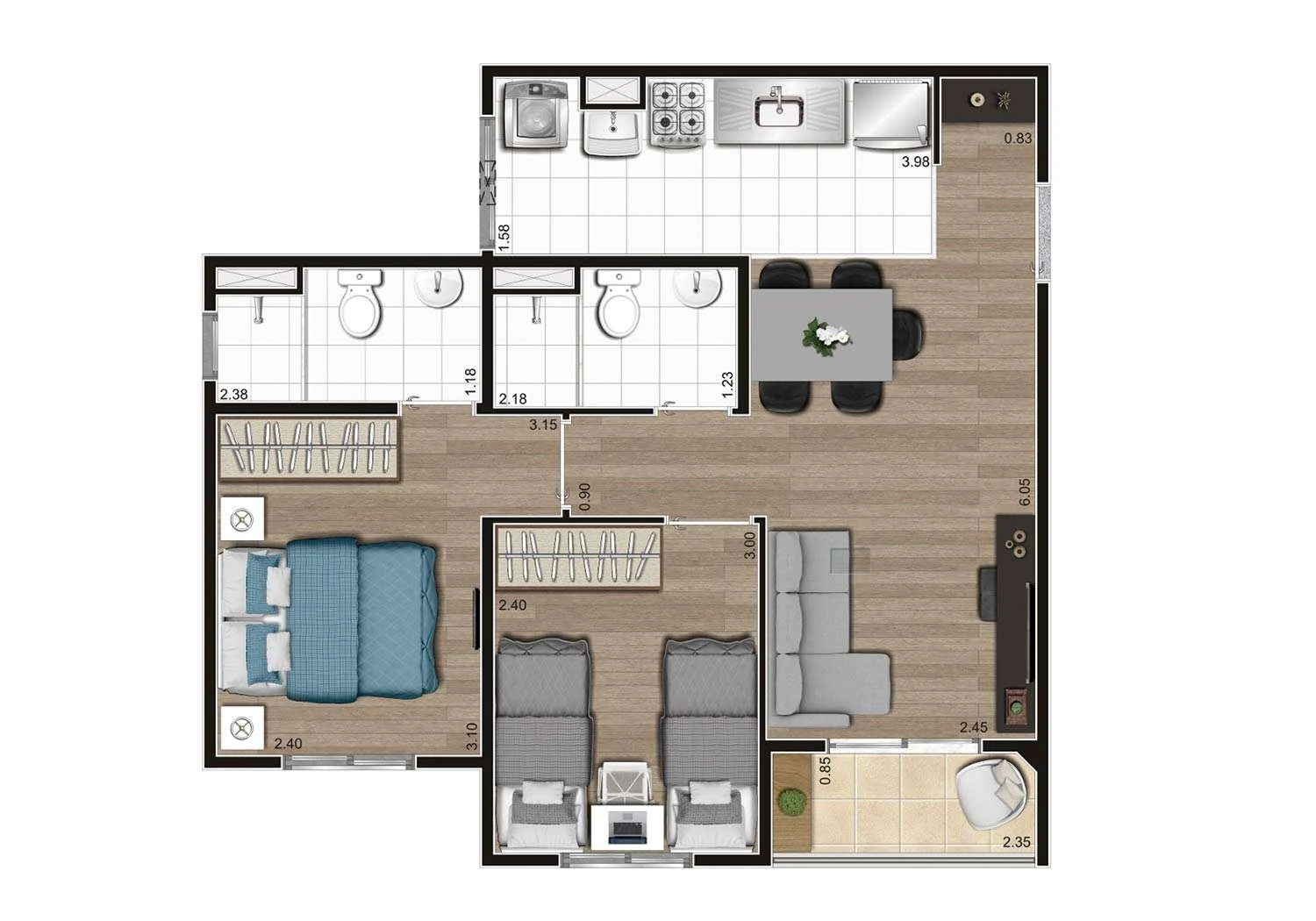 PERSPECTIVA ILUSTRADA DA PLANTA DE 2 DORMS. 49m² COM TERRAÇO