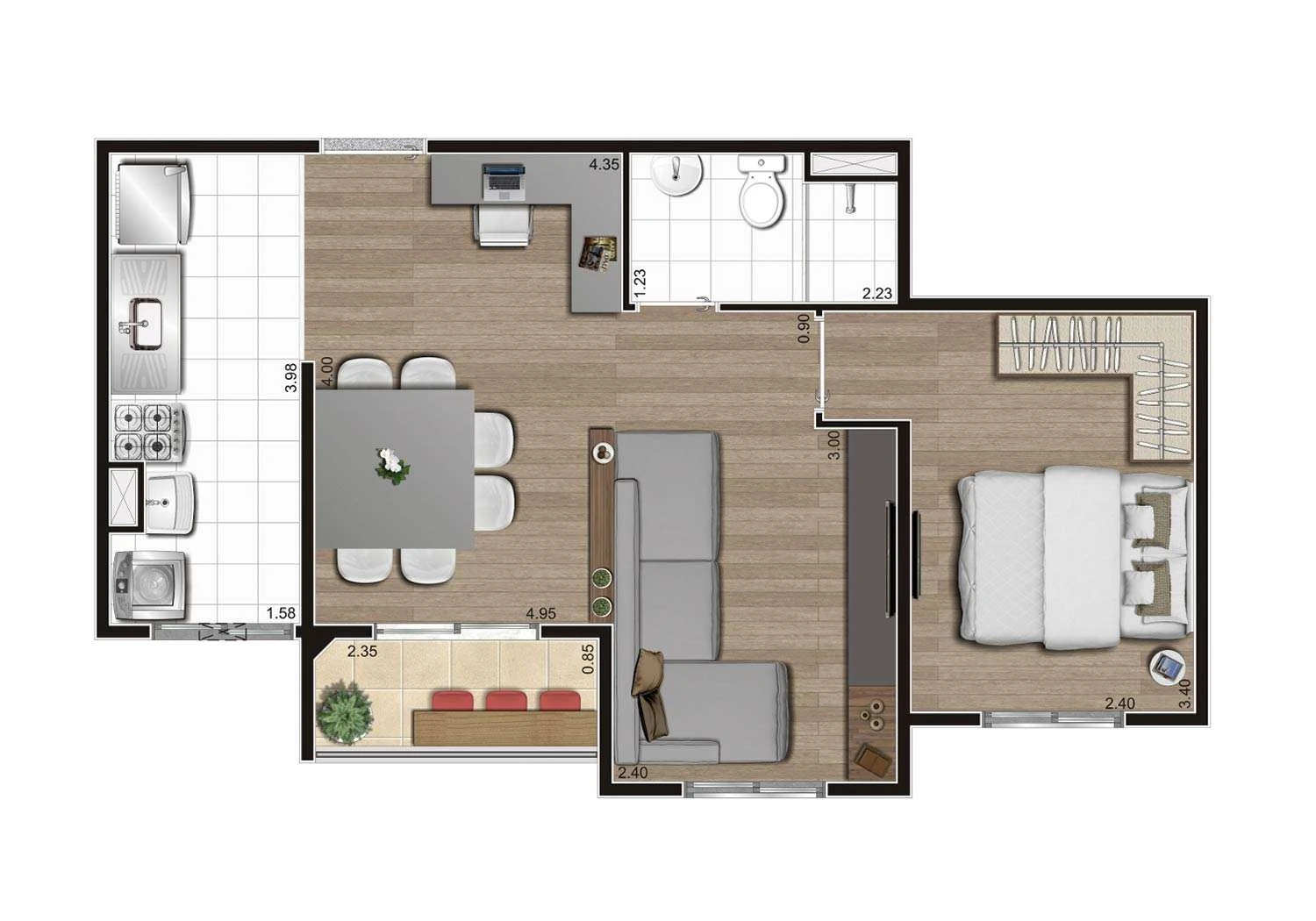 PERSPECTIVA ILUSTRADA DA PLANTA TIPO B AMPLIADA 44m²