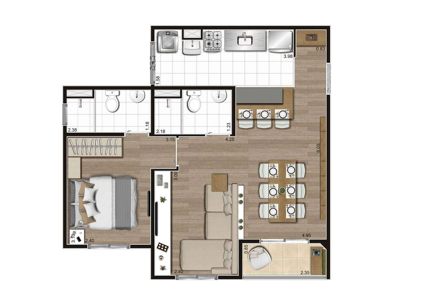 PERSPECTIVA ILUSTRADA DA PLANTA TIPO A AMPLIADA 49m²