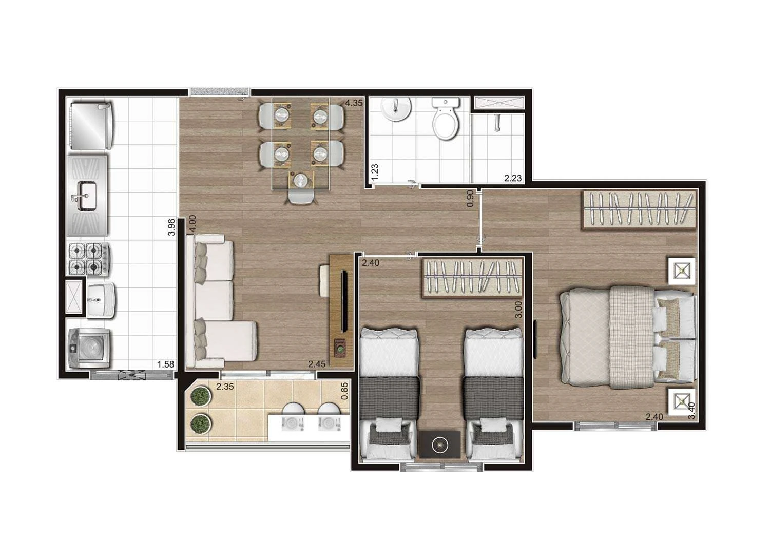 PERSPECTIVA ILUSTRADA DA PLANTA DE 2 DORMS. 44m² COM TERRAÇO
