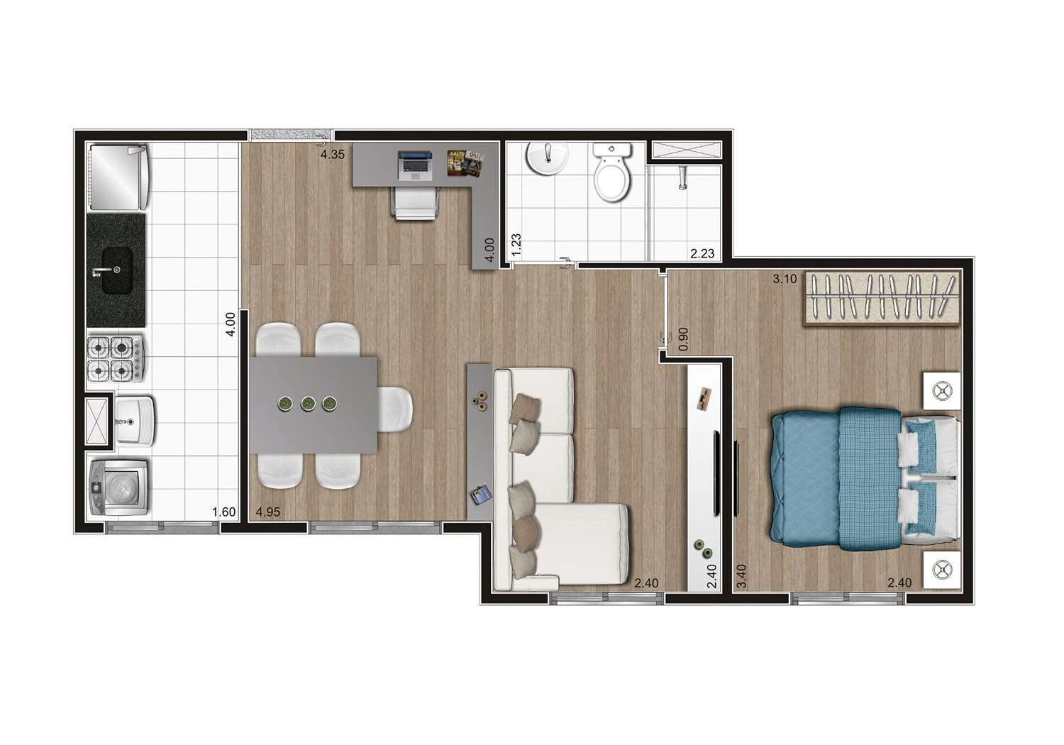 Planta opção sala ampliada de 40,65m2 dos apartamentos de finais 04, 06 e 07