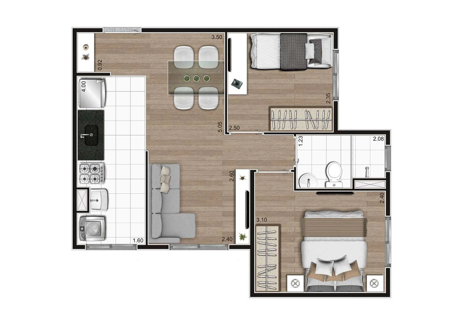 Planta tipo de 40,75m2 dos apartamentos de finais 02 e 09