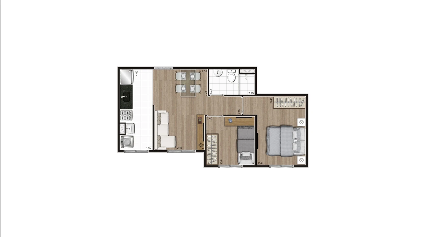 Planta tipo de 40,65m2 dos apartamentos de finais 04, 06 e 07